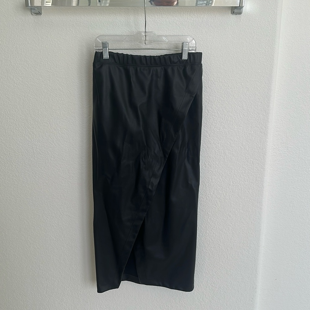 Black faux leather pencil skirt with cross detail